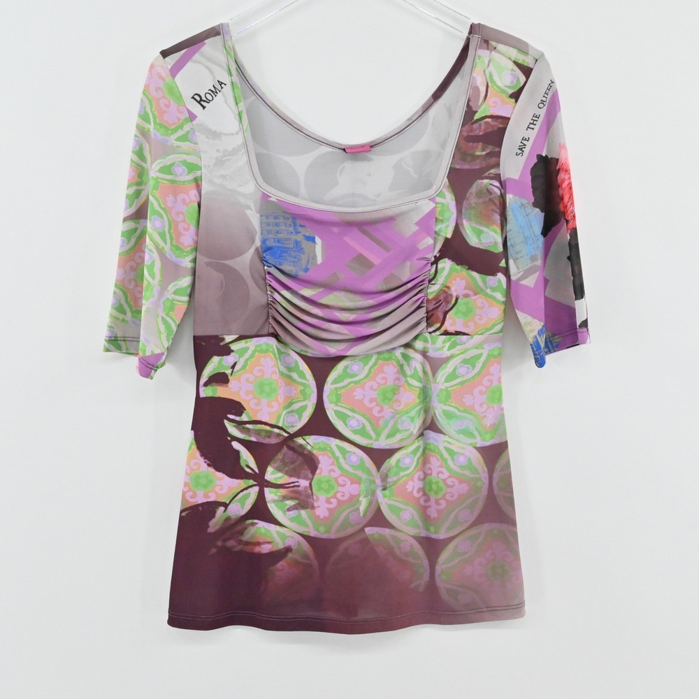 Save The Queen Floral Ruched Top Womens Size M Purple Green Italy Y2K Maximalist